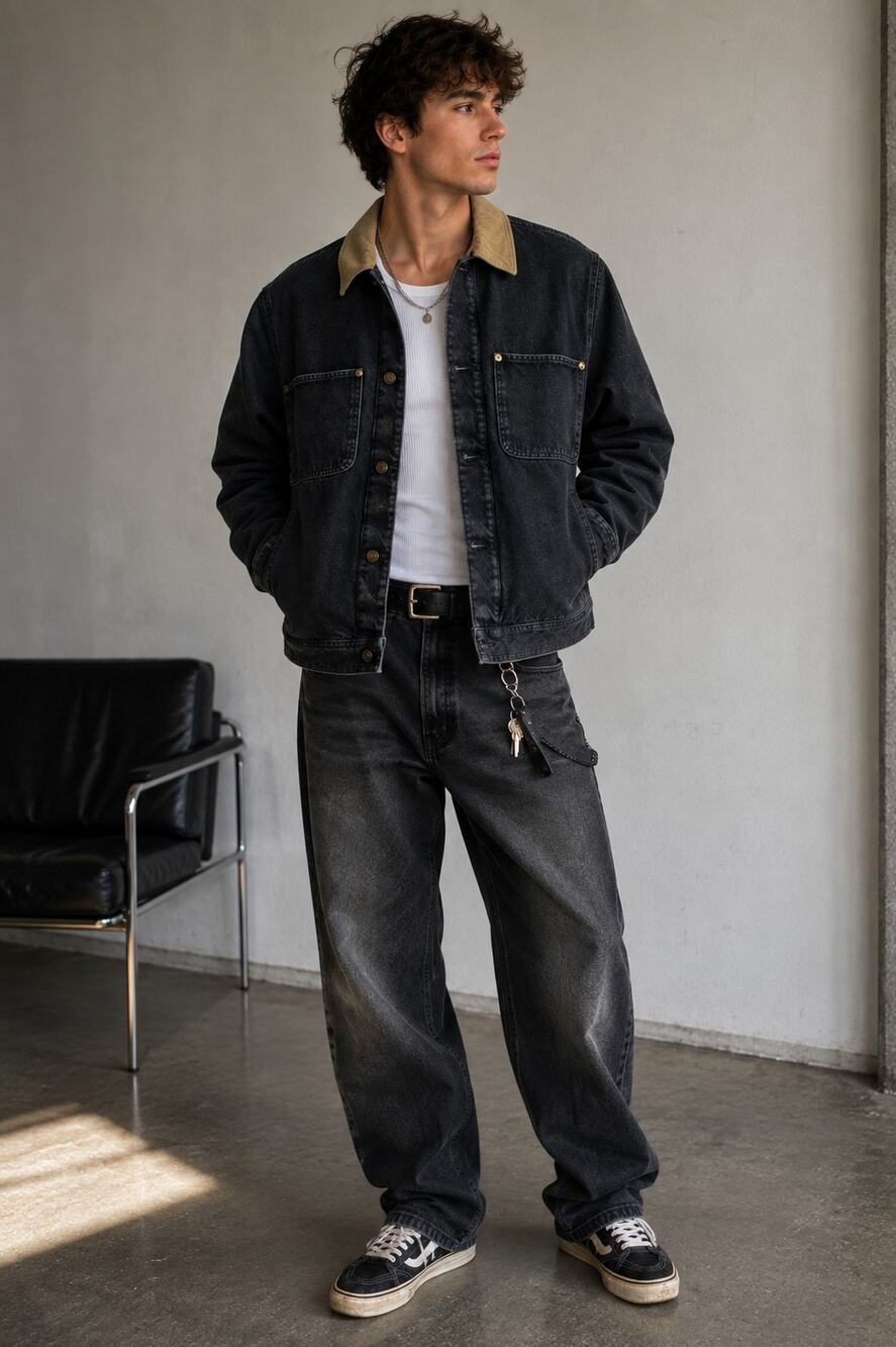 ZARA Men’s Black Denim Chore Jacket Tan Contrast Collar Workwear Size S